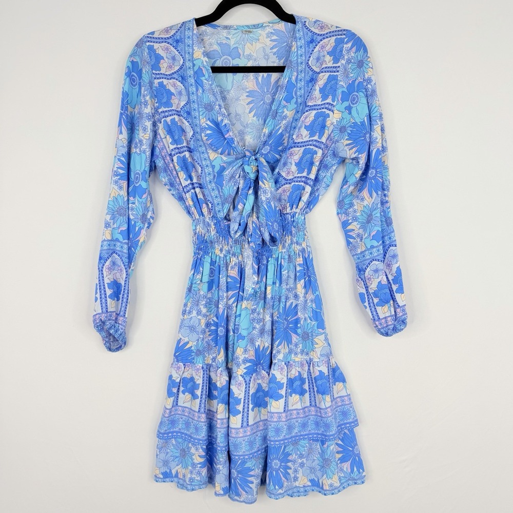 Vintage Style 100% Pure Silk Blue Floral Boho Mini Dress Tie Front Cutout‎ S/M
